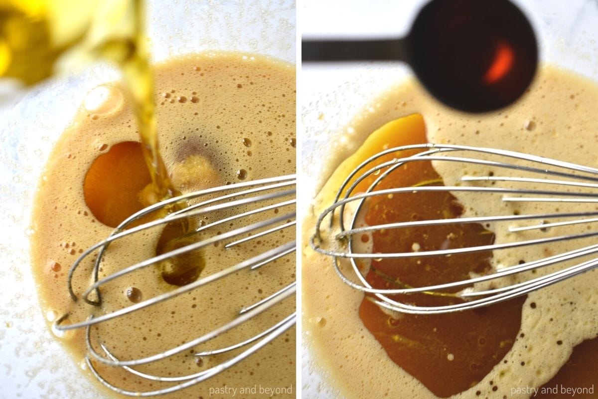 Collage that shows adding olive oil and vanilla extract to the egg mixture.
