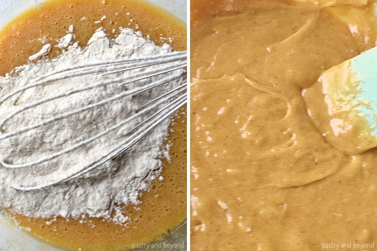 Collage that shows adding flour to the mixture.