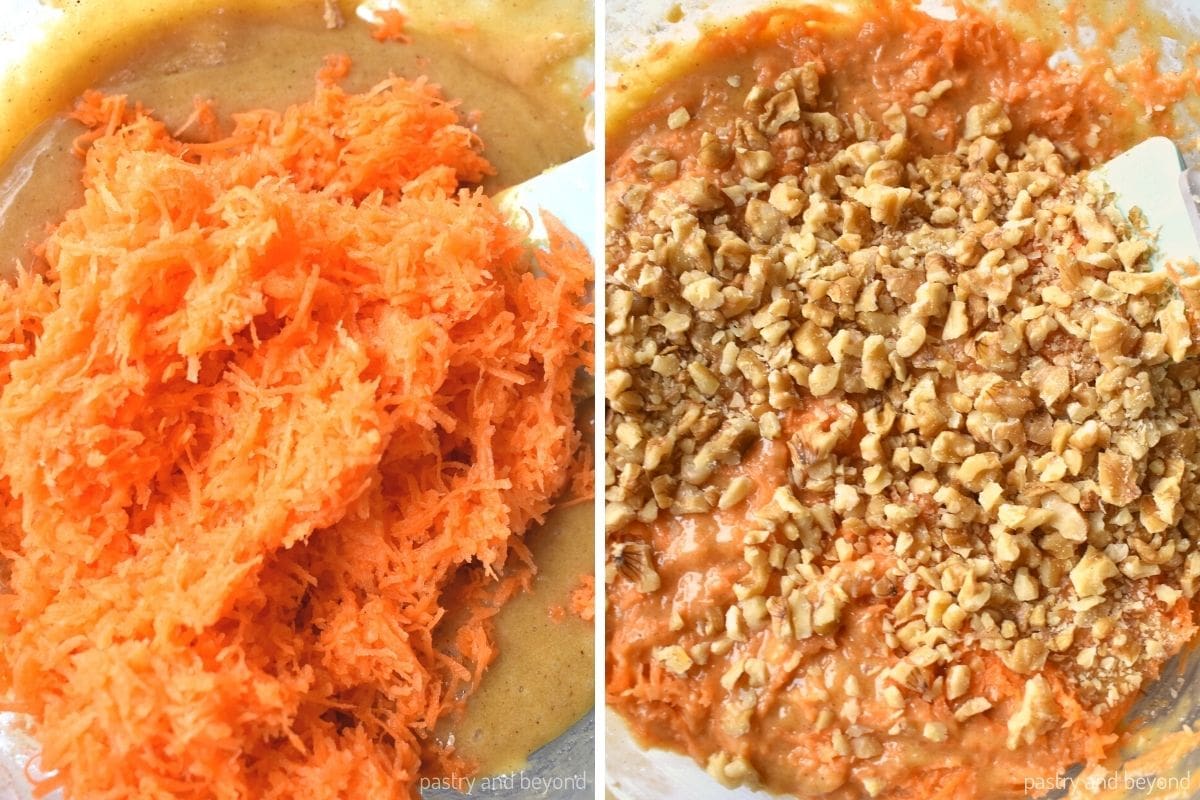 Collage that shows adding carrots and walnuts to the batter.