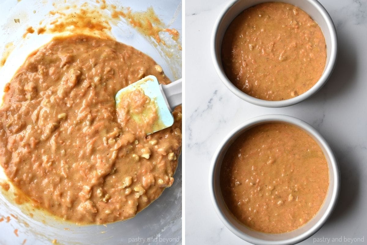 Collage that shows the batter and after the batter is divided into pans.