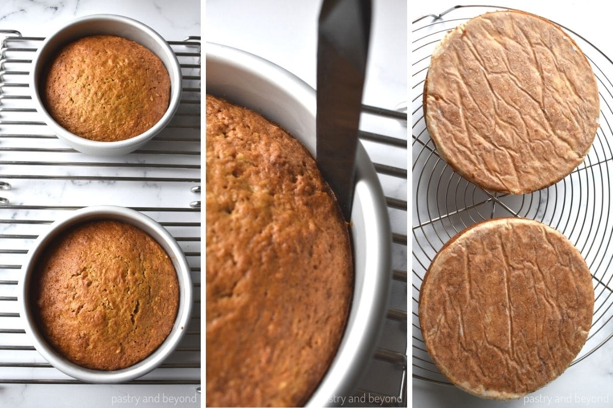 Collage that shows baked cakes, releasing the cake with a spatula and cakes on a rack.