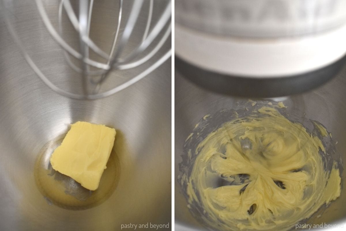 Collage that shows creaming butter in a stand mixer with a whisk attachment.