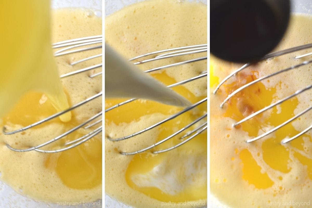 Collage that shows adding melted butter, milk and vanilla extract to the egg mixture.