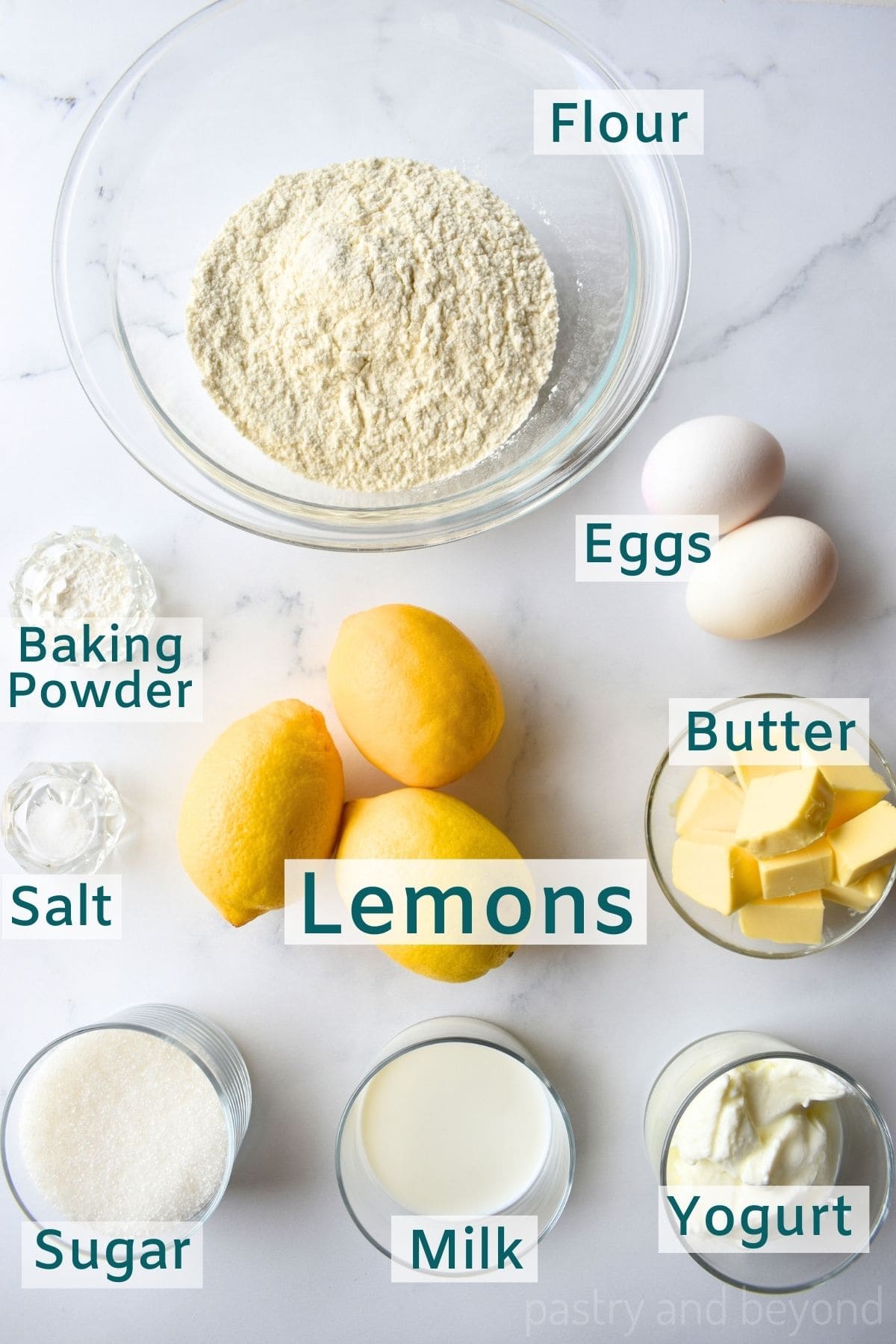 Ingredients to make lemon cake.