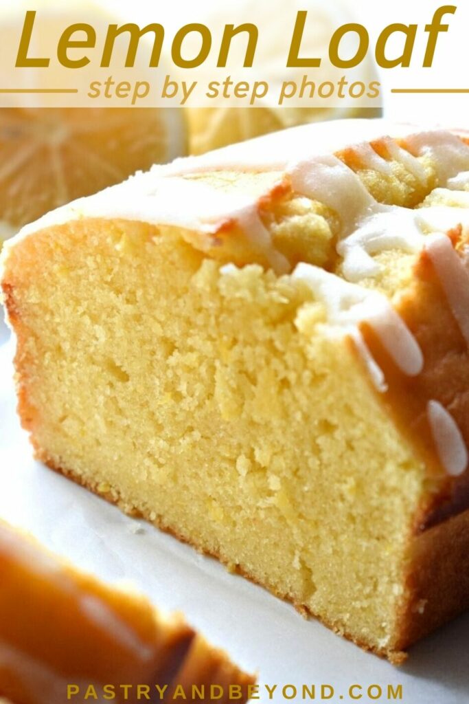 Lemon loaf with text overlay.