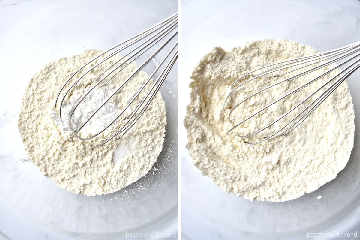 Collage that shows mixing dry ingredients with a whisk.