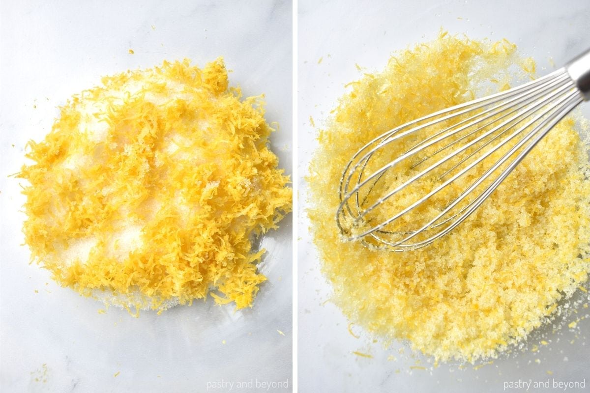 Collage that shows mixing granulated sugar and lemon zest.