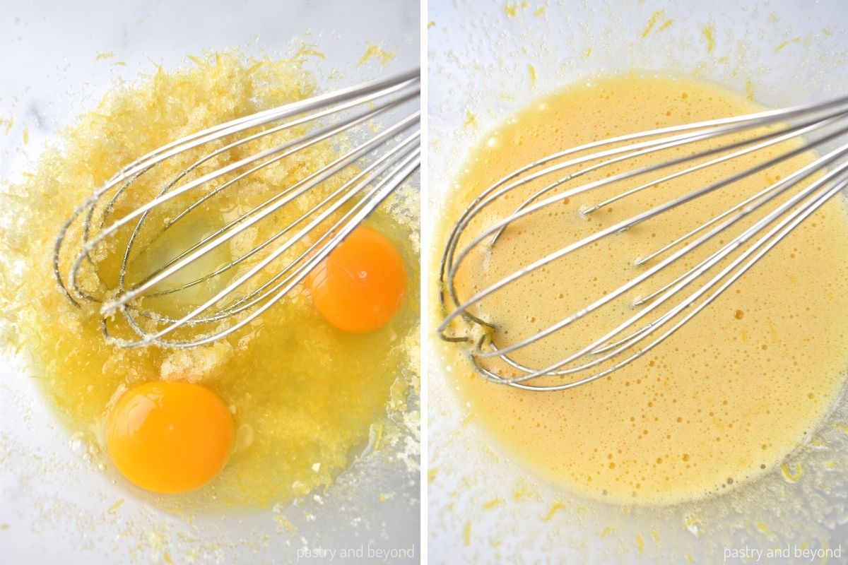 Collage that shows whisking sugar mixture and eggs.