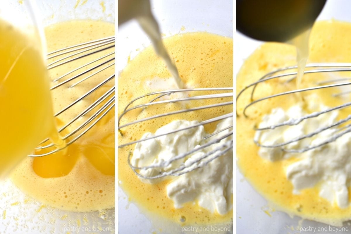 Collage that shows adding melted butter, yogurt, milk and lemon juice to the egg mixture.