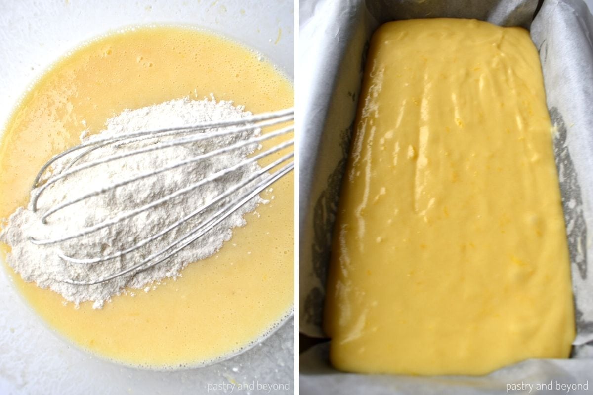 Collage that shows adding flour mixture into the wet mixture and the batter in a loaf pan.