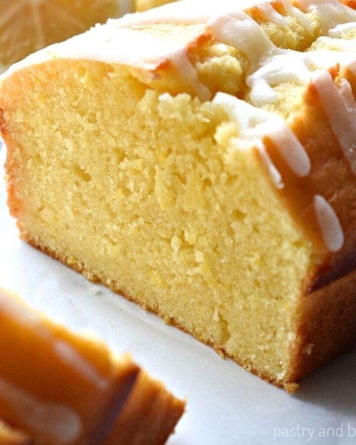 Lemon loaf cake with lemon icing on top.