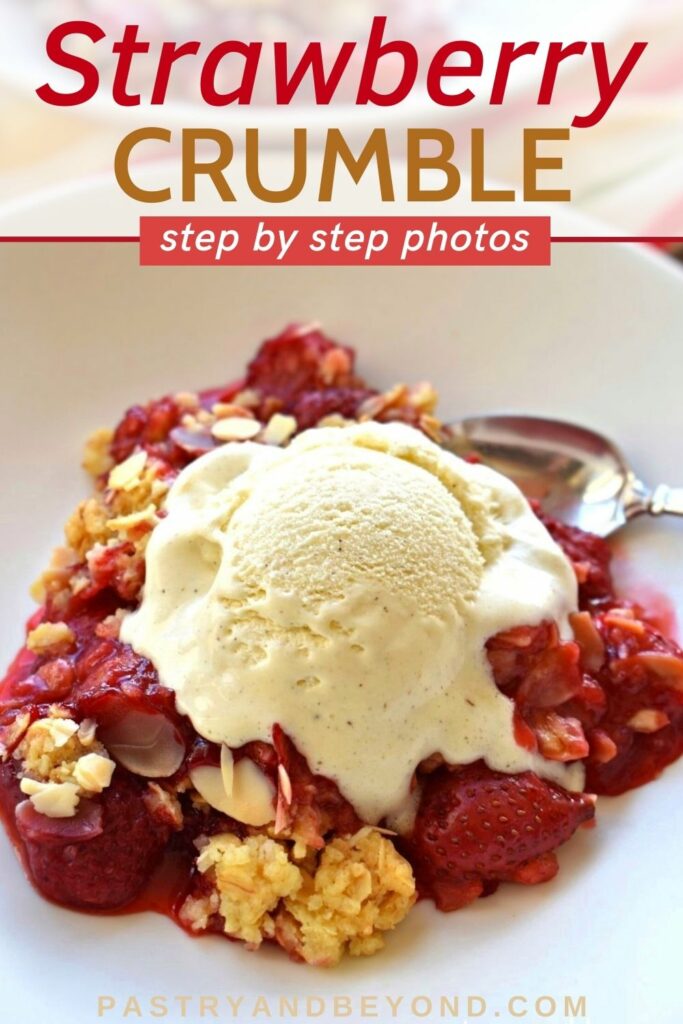 Strawberry crumble with text overlay.