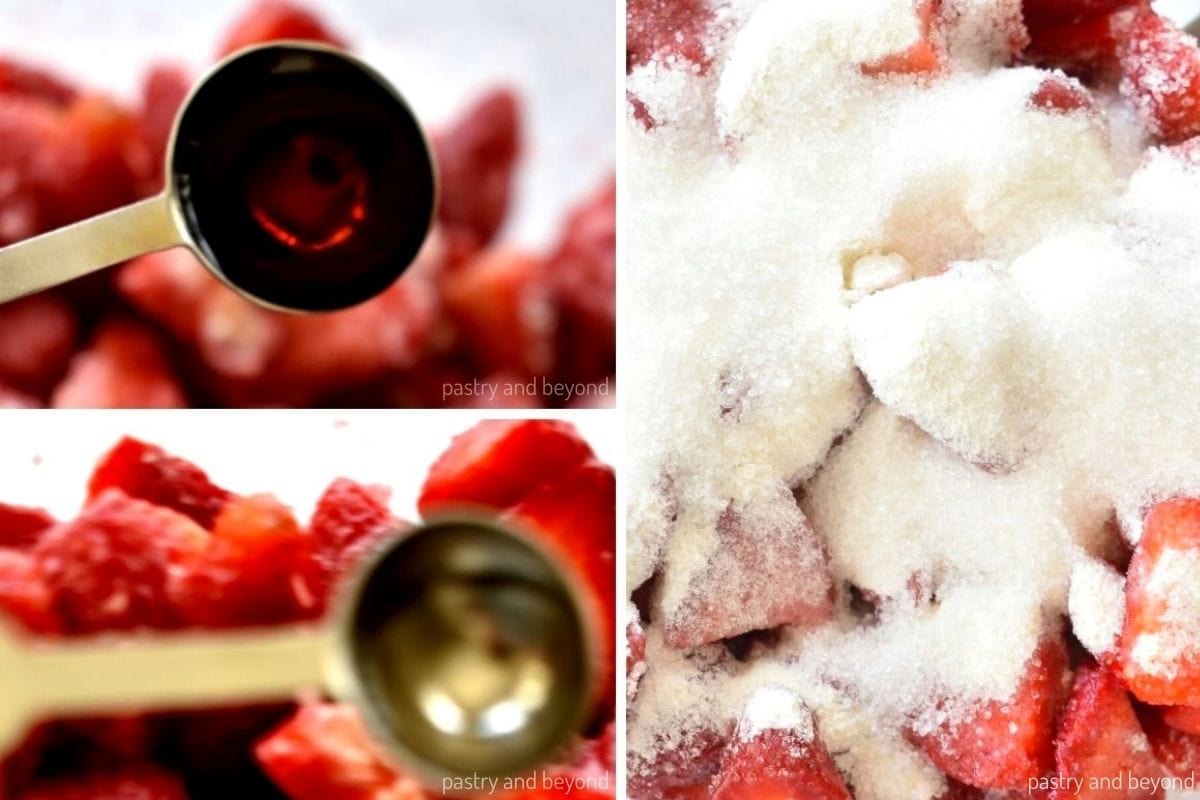 Collage that shows adding vanilla extract, almond extract, sugar and flour to the strawberries.