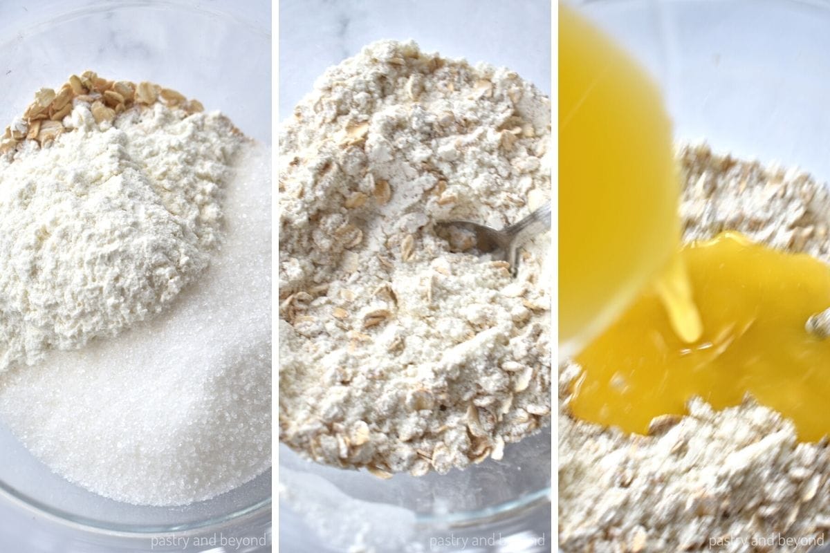 Collage that shows making crumbles by mixing sugar, oats, flour and melted butter.
