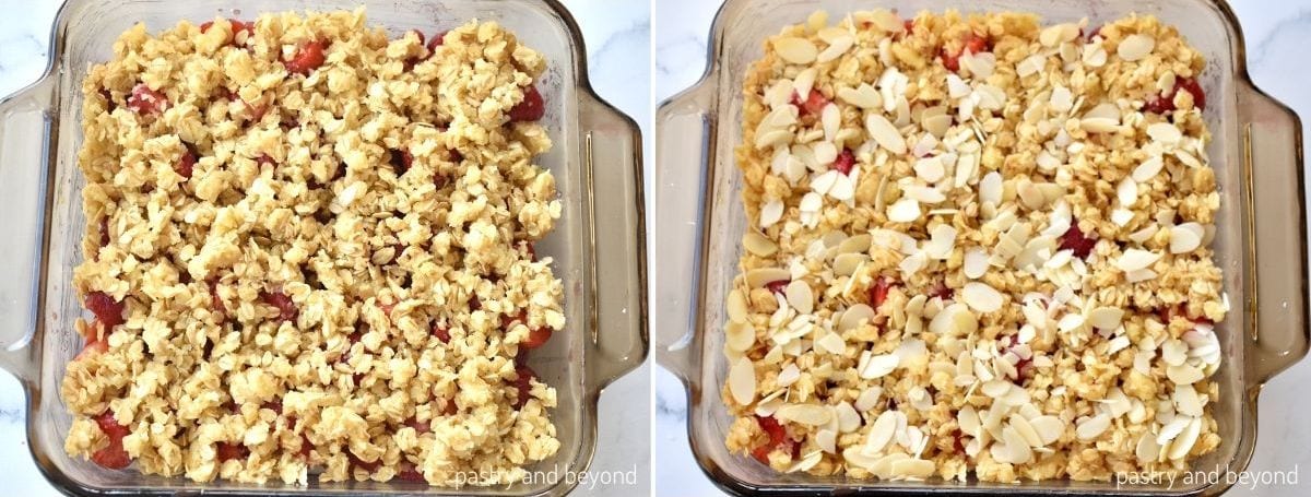 Collage that shows crumbles over strawberries in a pan and after almond slices are added on top.