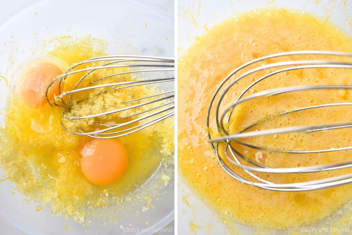 Collage that shows stirring sugar mixture with eggs.