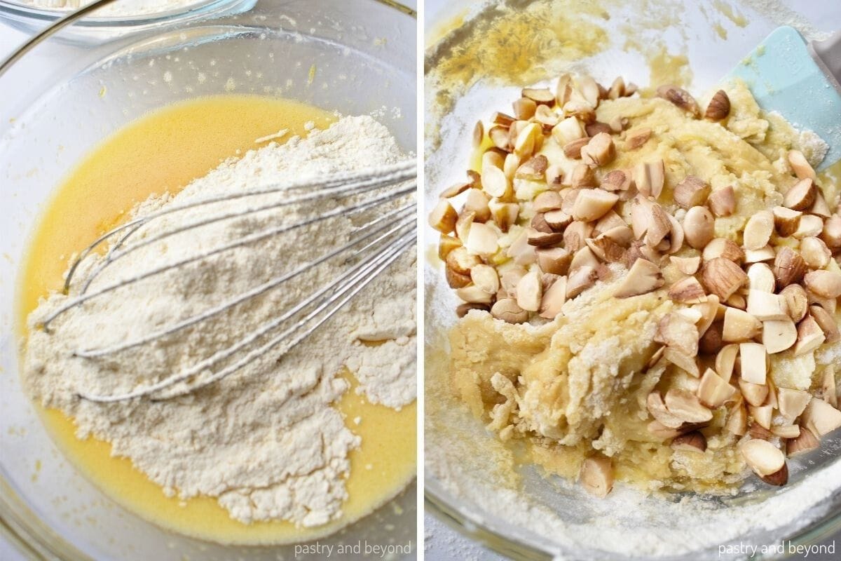 Collage that shows stirring in flour and folding roughly chopped almonds. 