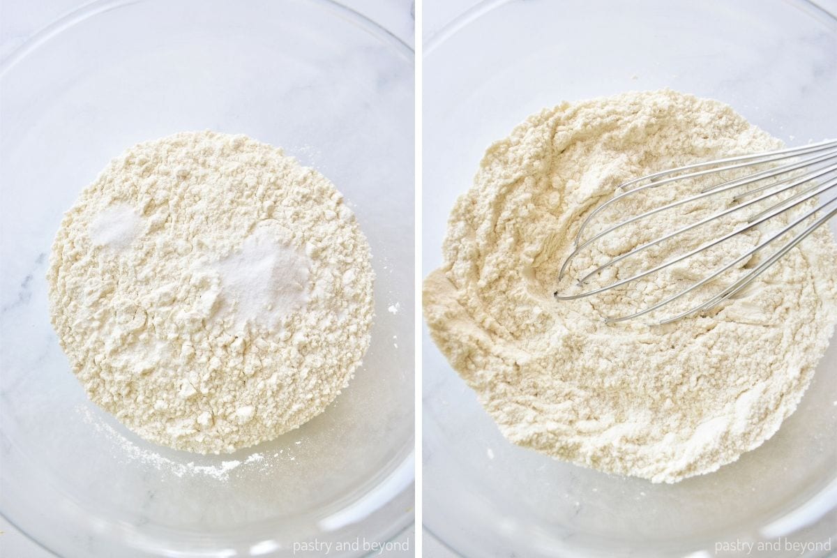 Collage that shows stirring flour, baking soda and salt with a whisk.