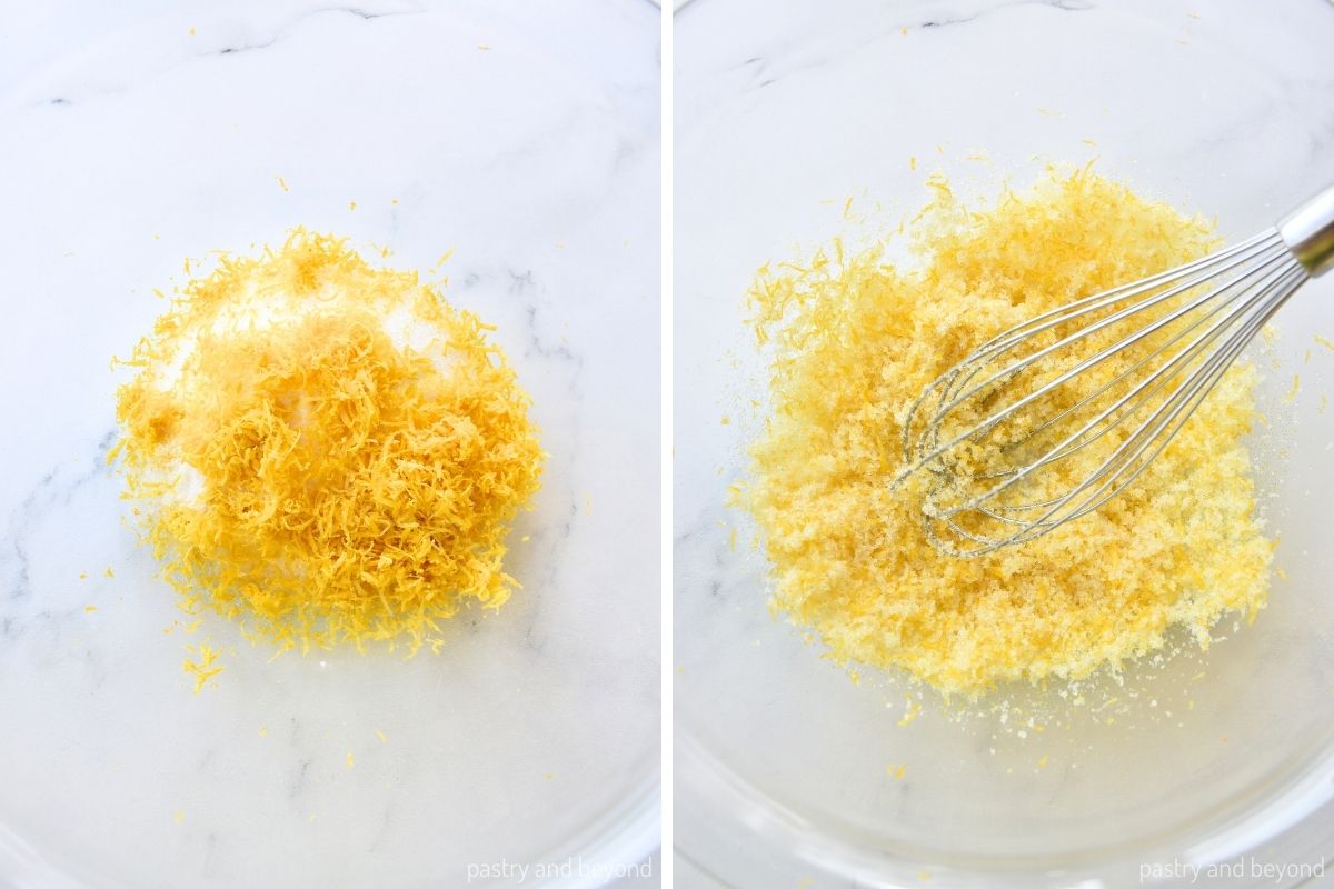 Collage that shows mixing sugar and lemon zest with a whisk.