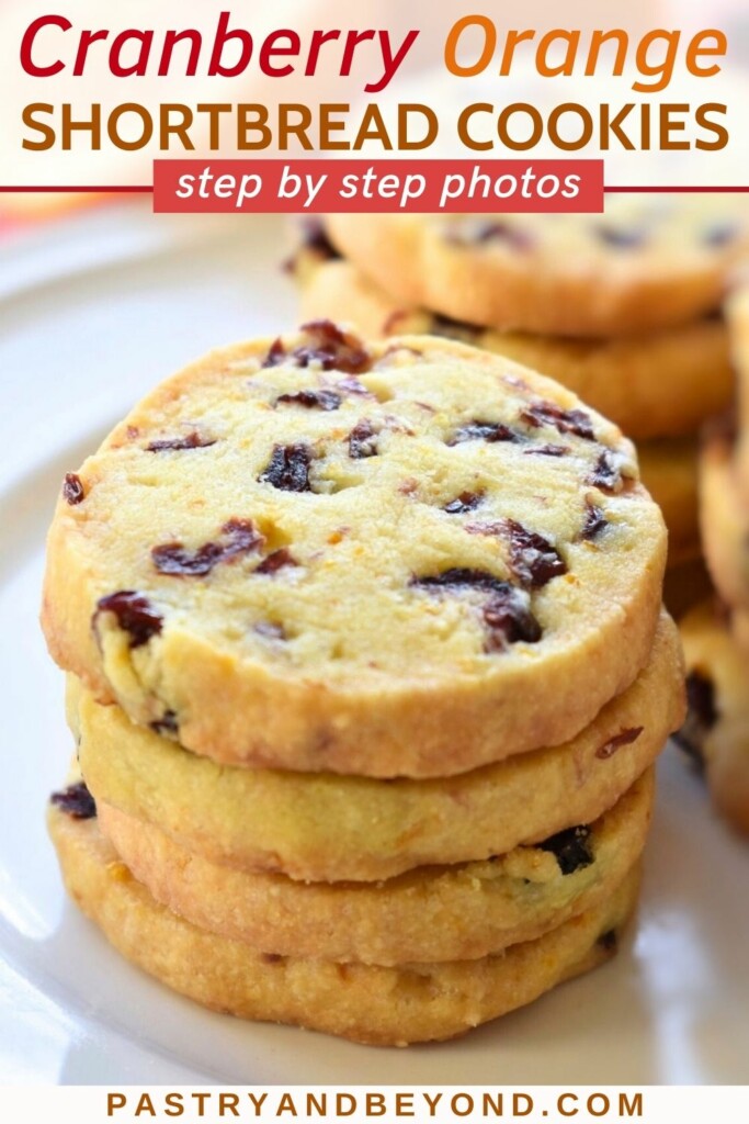Cranberry orange shortbread cookies with text overlay.