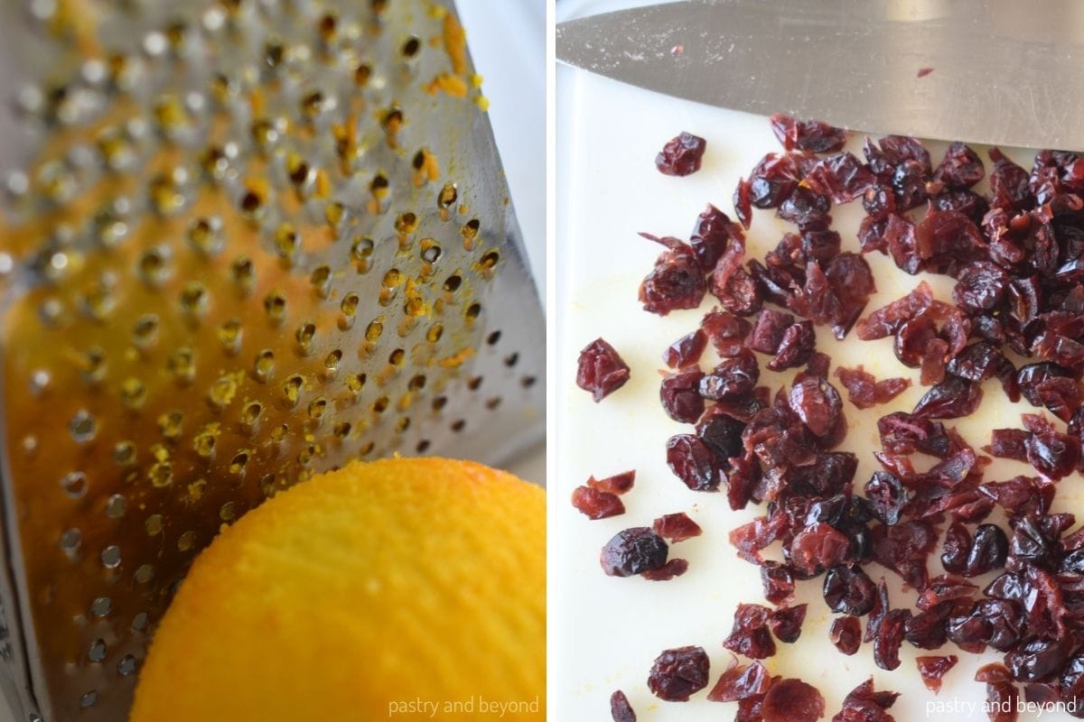 Collage that shows zesting orange and cutting dried cranberries. 