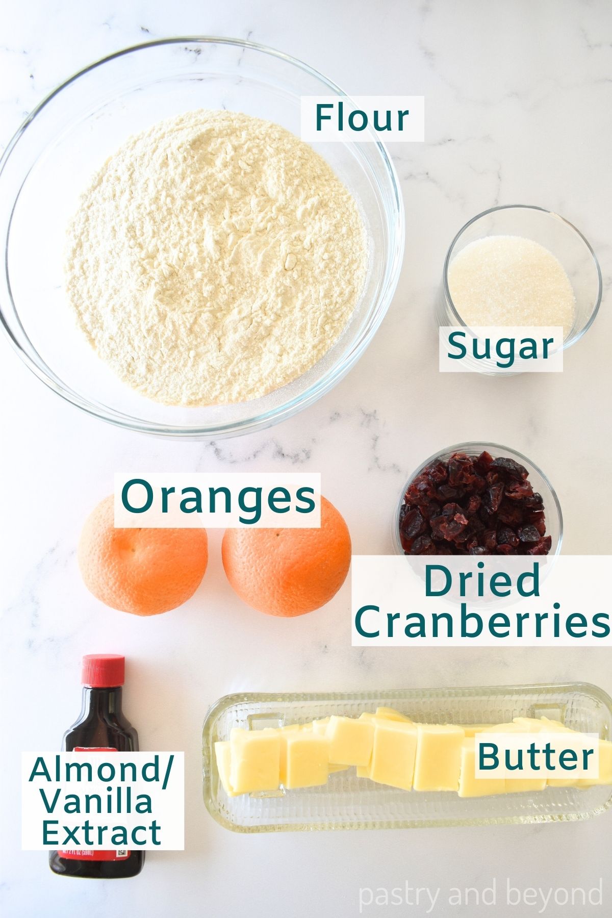 Ingredients to make orange cranberry shortbread cookies.