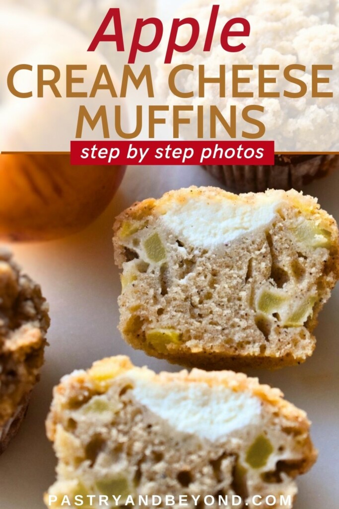 Apple cream cheese muffins with text overlay.
