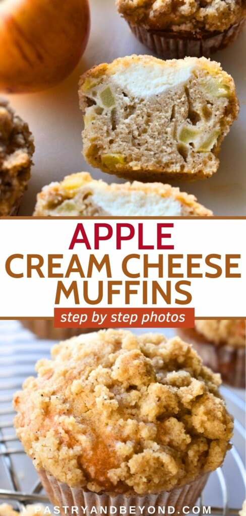 Collage for apple cream cheese muffins with text overlay.