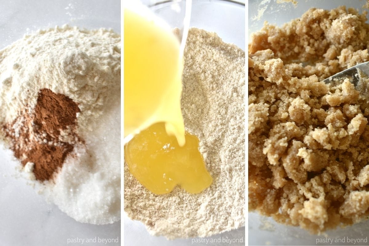 Collage that shows the process of making crumbles.
