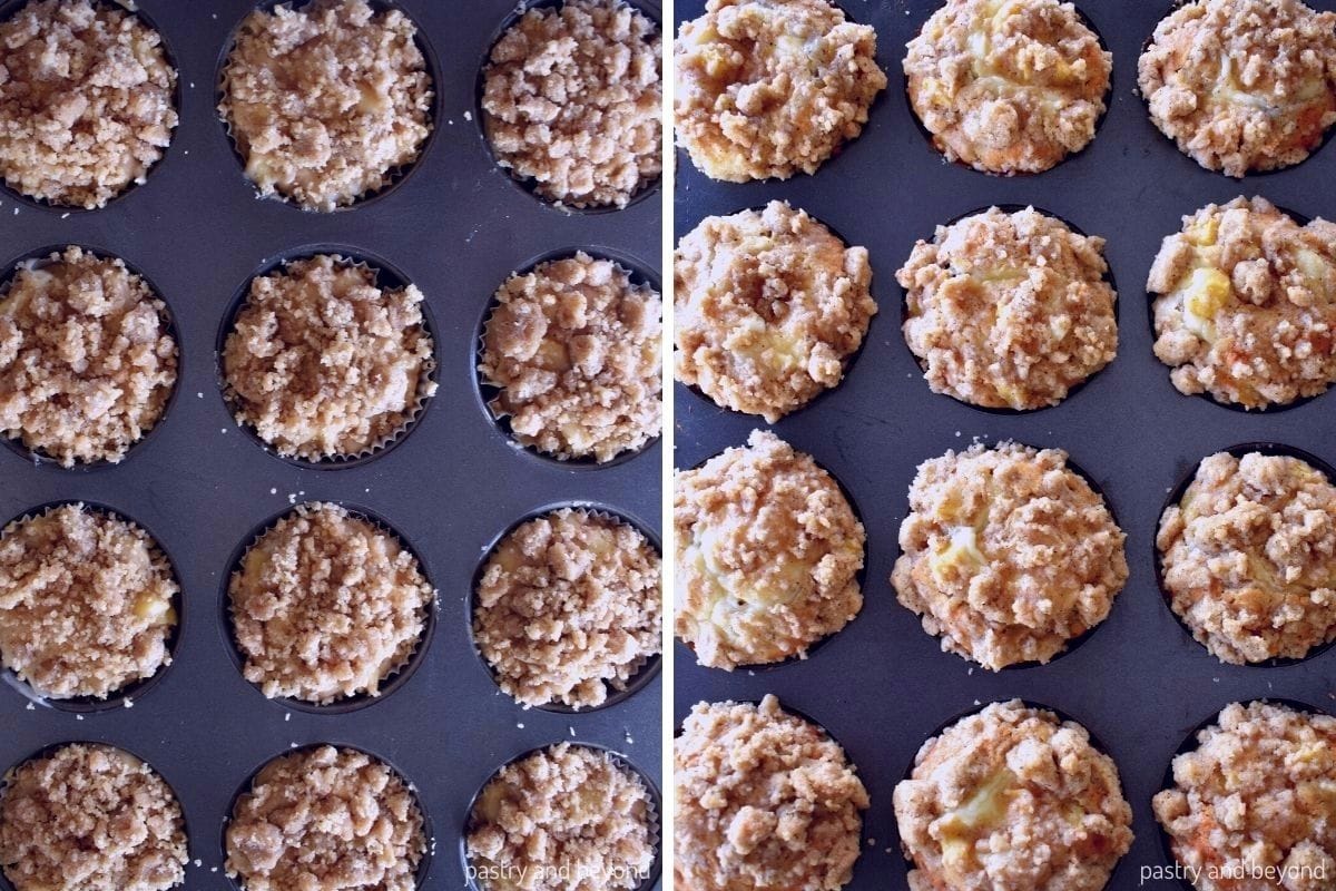 Apple cream cheese muffins before and after baked.