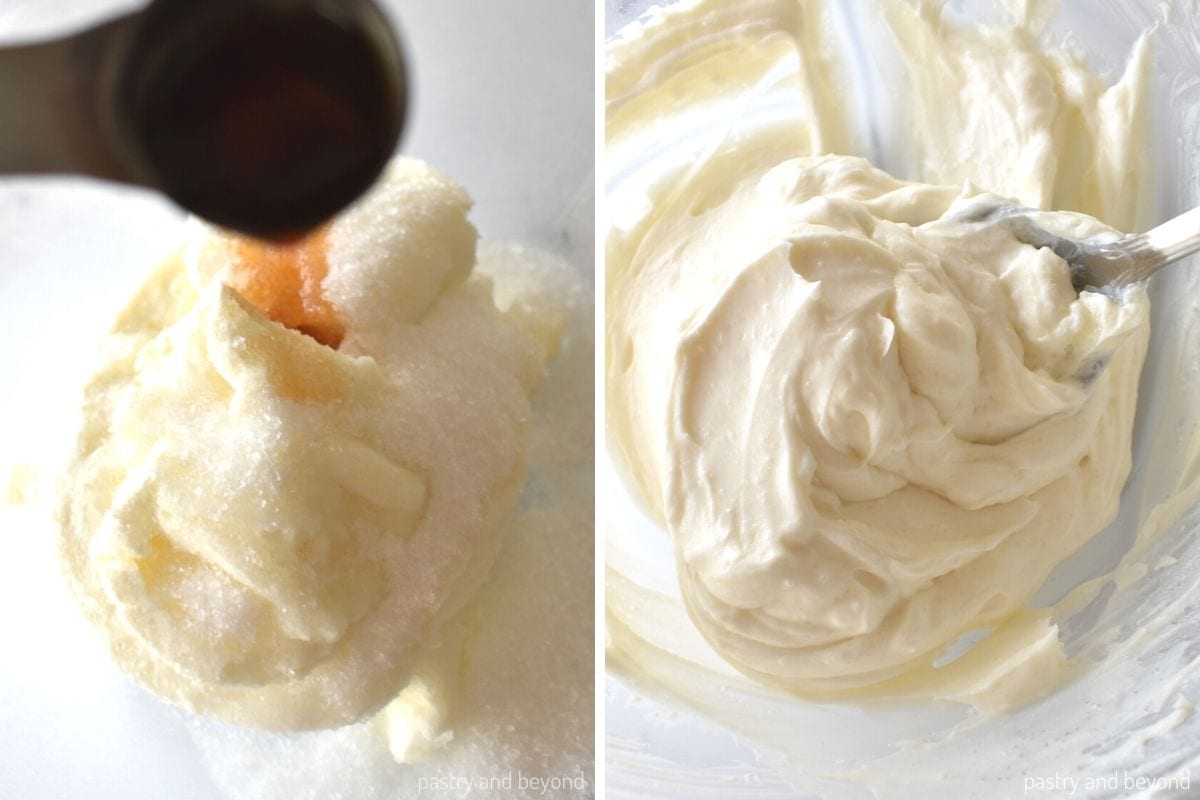 Collage that shows cream cheese, sugar and vanilla extract in a bowl and after stirring. 