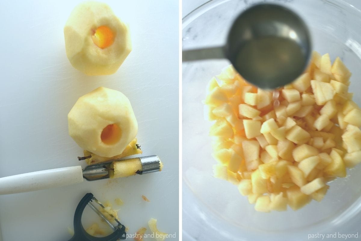 Collage that shows peeled and cored apples and lemon juice is poured over the chopped apples.