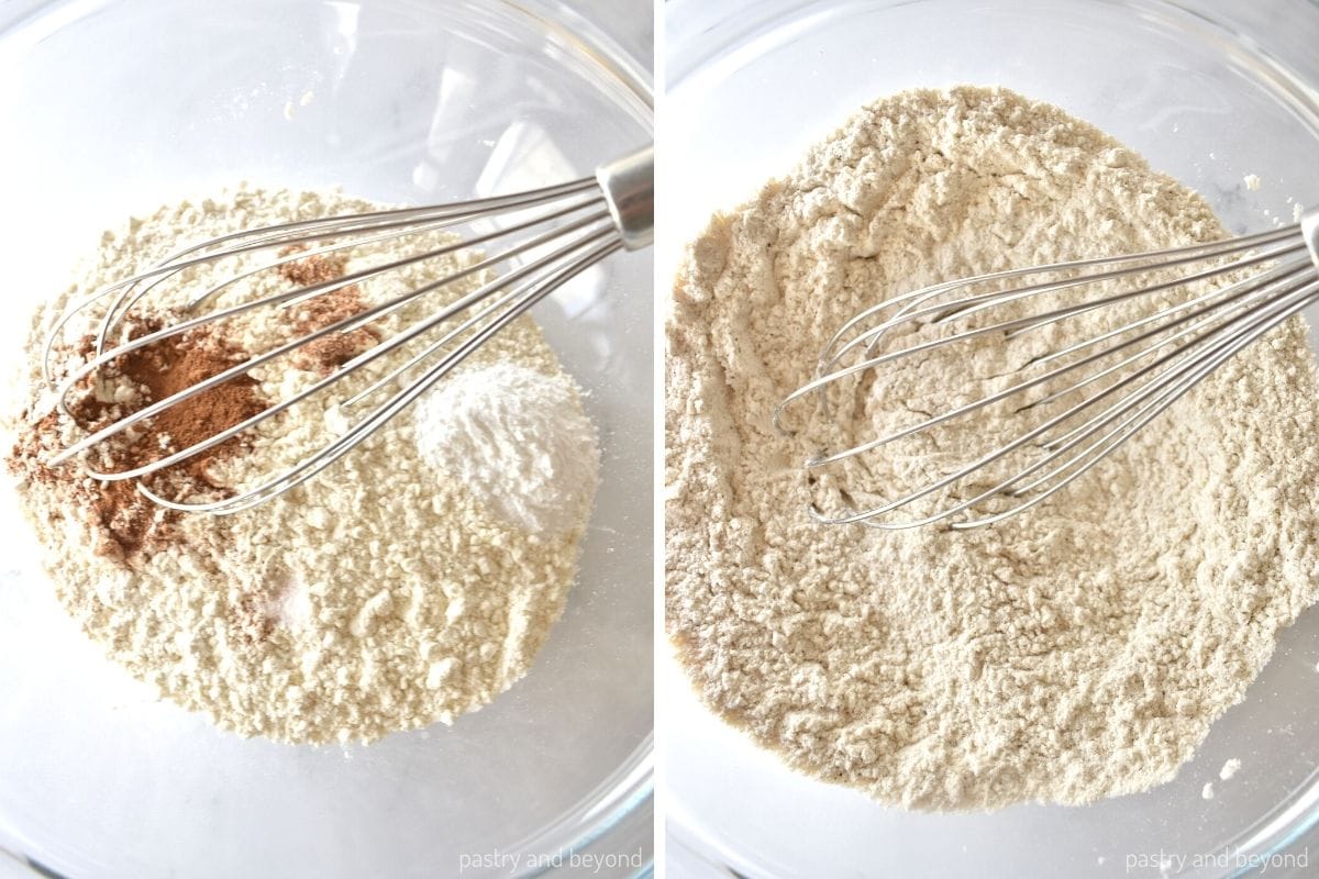Collage that shows stirring flour, cinnamon, nutmeg, baking powder and salt with a whisk. 
