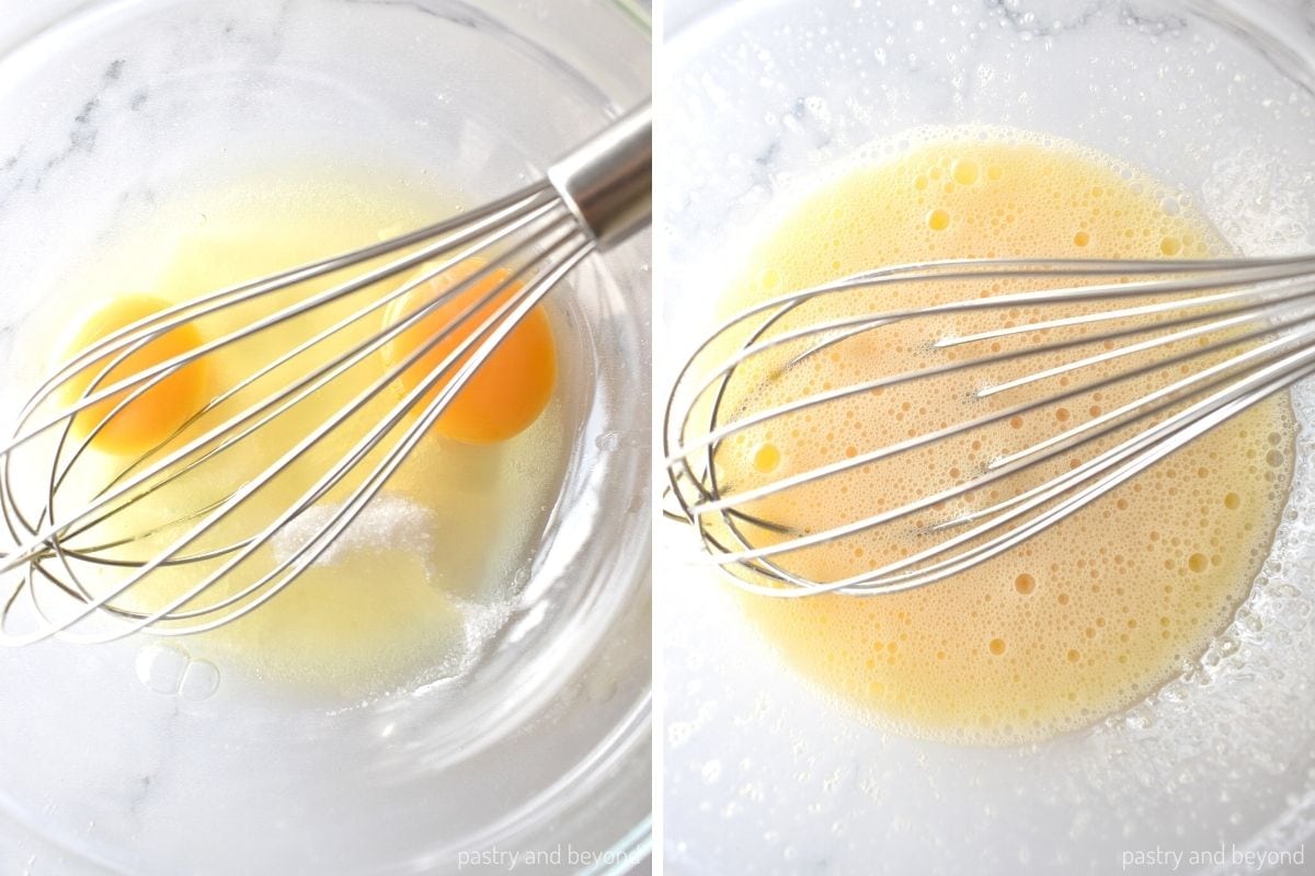 Collage that shows stirring eggs and sugar with whisk.