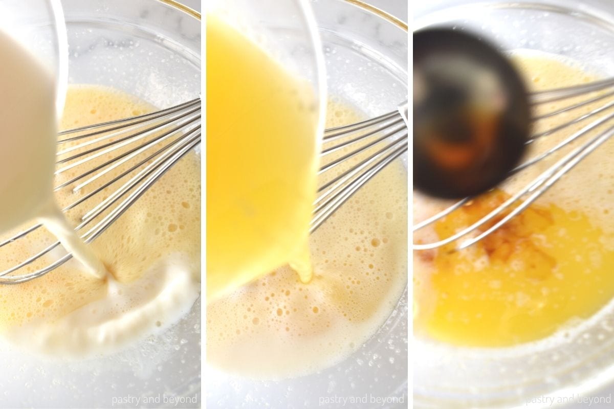 Collage that shows adding milk, melted butter and vanilla extract to the mixture.
