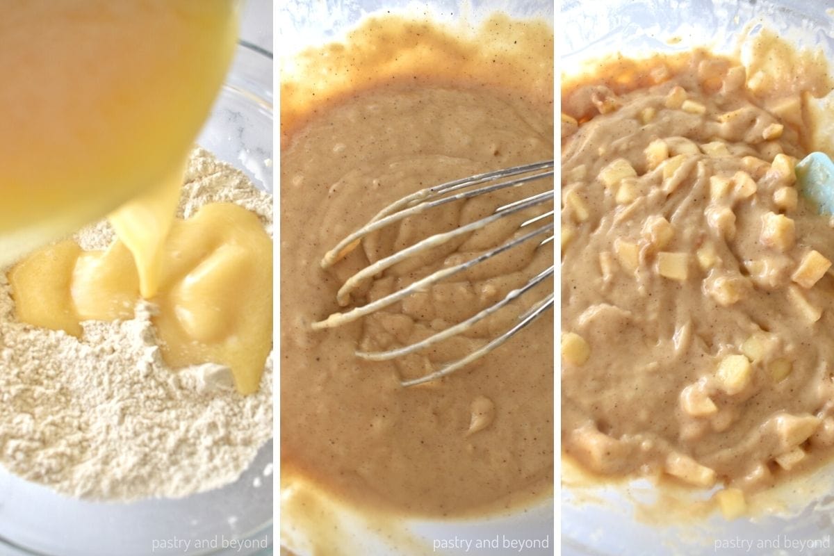 Collage that shows pouring wet ingredients into dry ingredients, stirring and folding the apples.