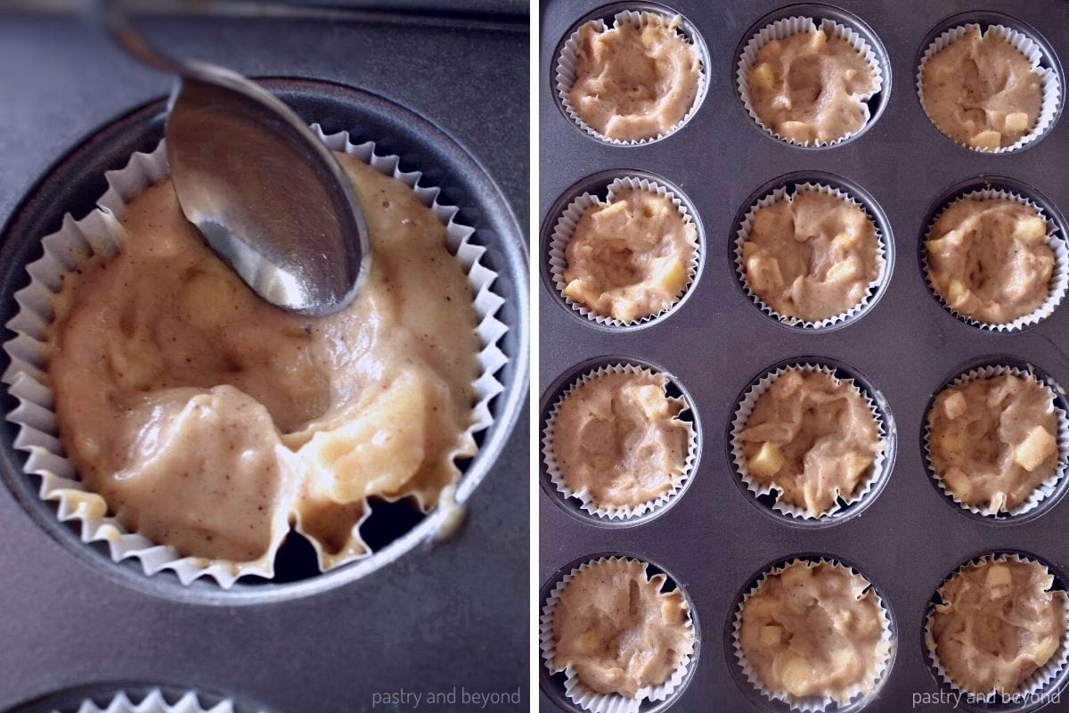 Collage shows making a hole in the center of batter that is in a muffin tin.