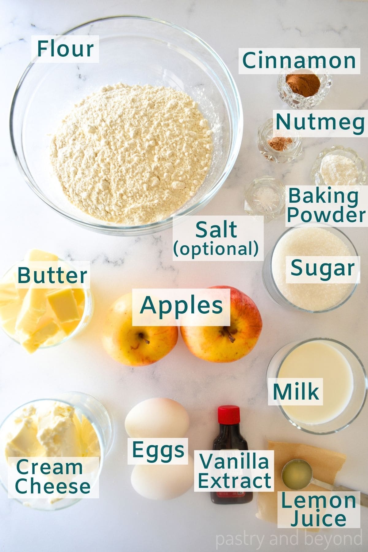 Ingredients to make apple cream cheese muffins.