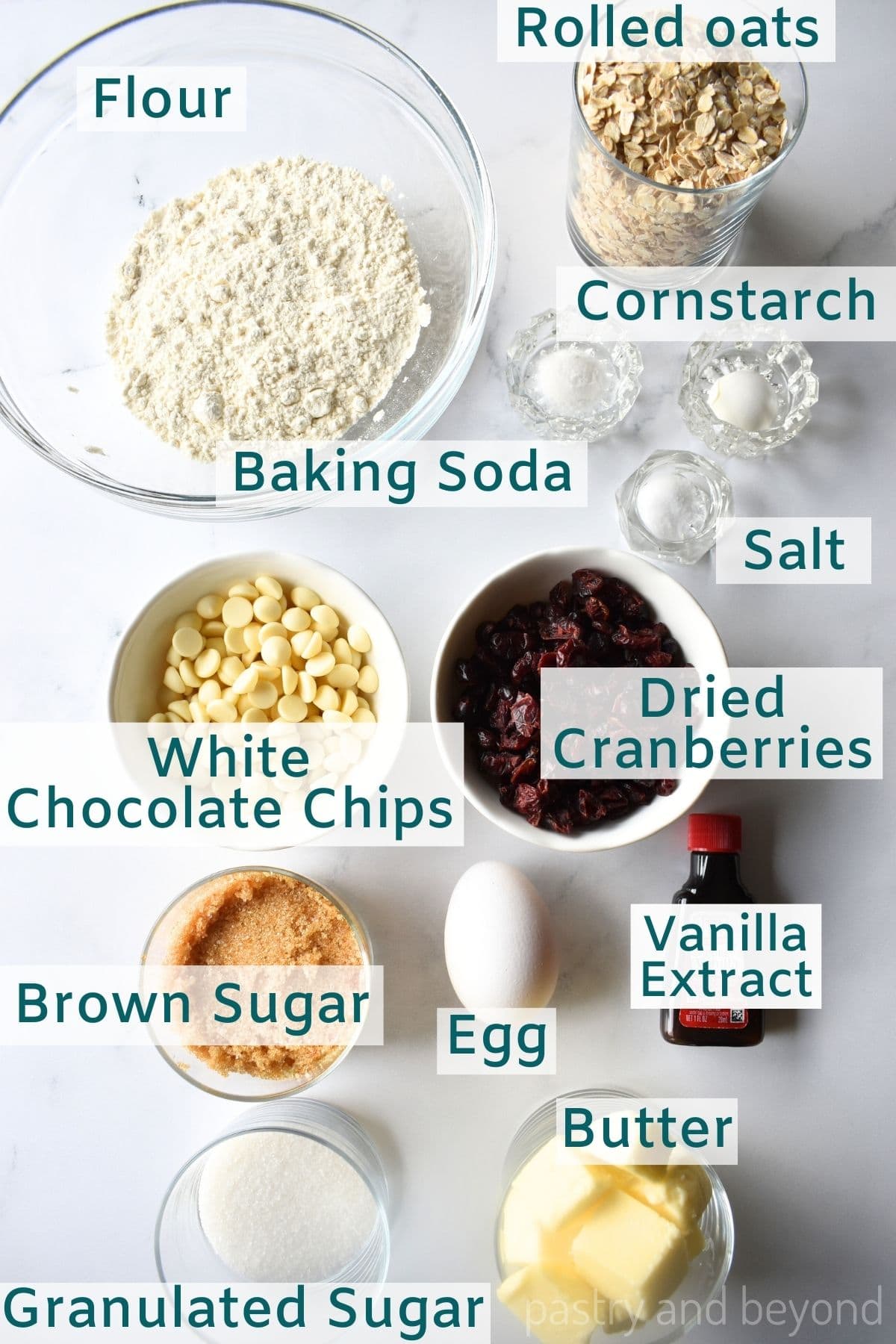 Ingredients to make white chocolate cranberry oatmeal cookies.