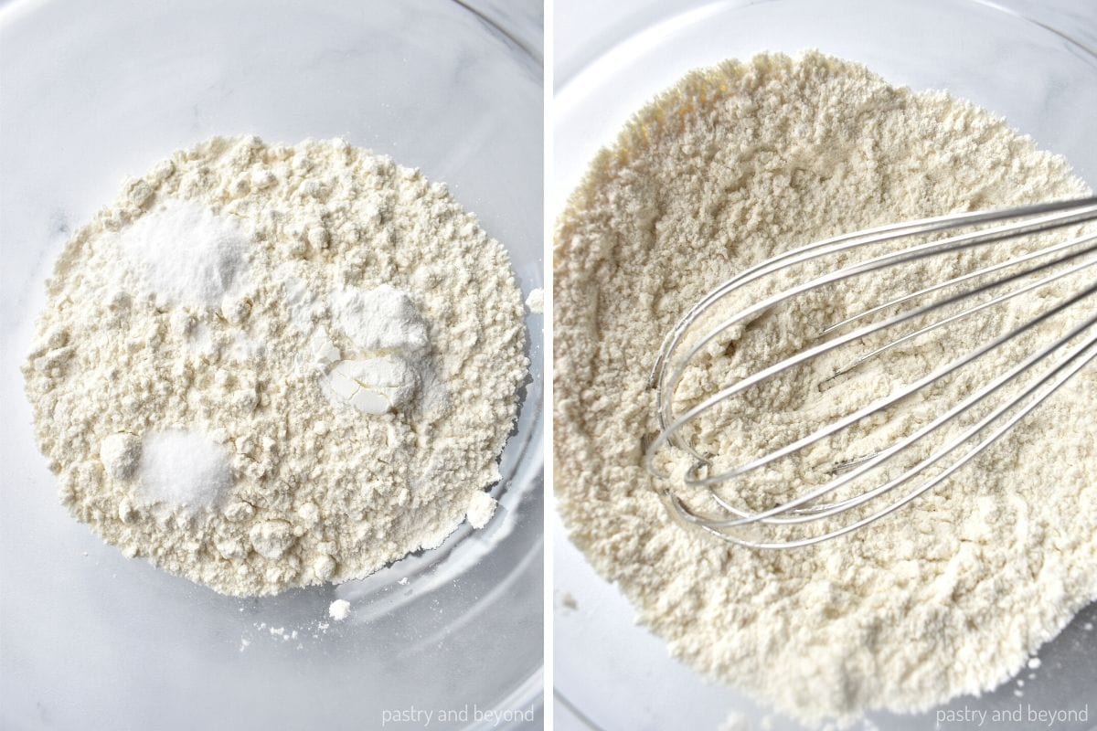 Collage for mixing flour, salt, cornstarch and baking soda in a medium bowl with a whisk.