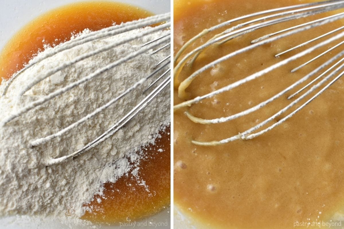 Collage that shows adding flour and stirring with a whisk.