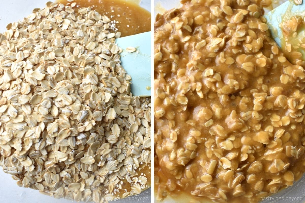Collage for adding oatmeal and stirring.