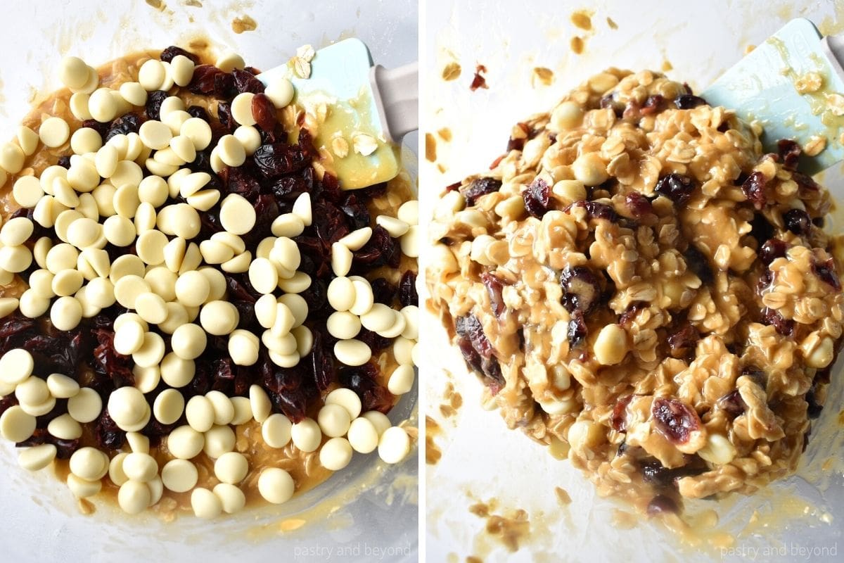 Collage for adding dried cranberries and white chocolate chips to the mixture and stirring.