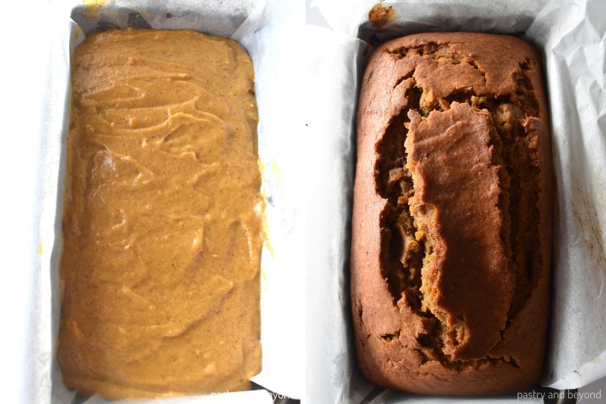 Collage that shows pumpkin loaf before and after baked.