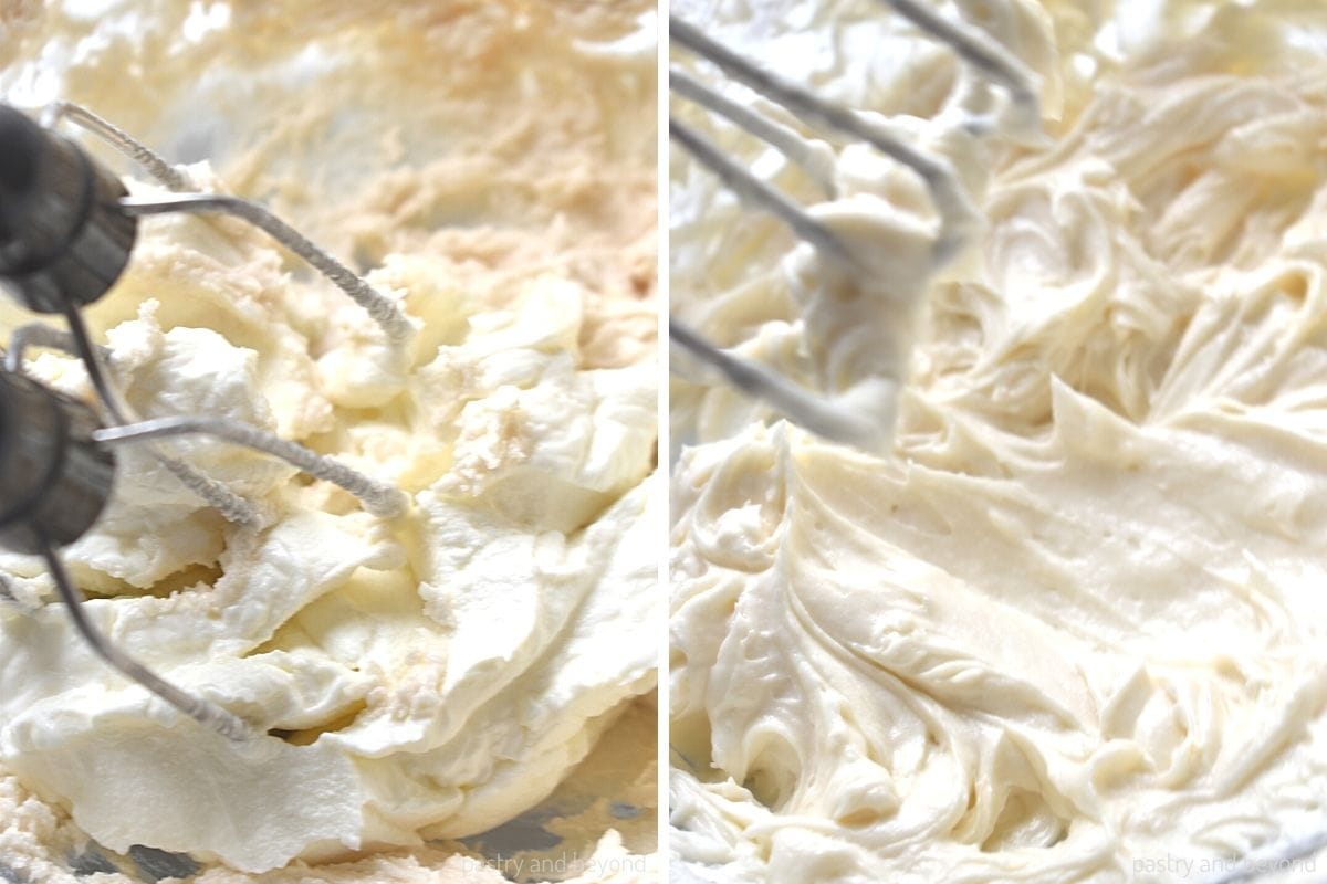 Collage that shows mixing cream cheese mixture with butter mixture with a hand mixer.