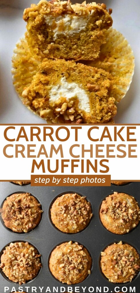 Collage for carrot cake cream cheese muffins with text overlay.