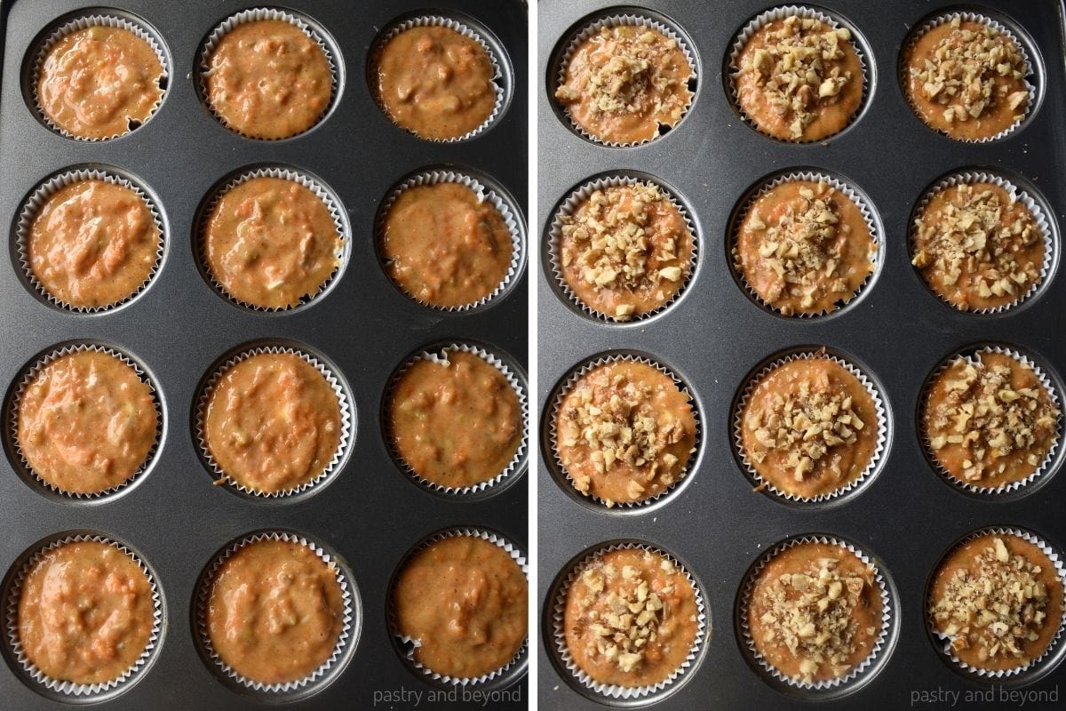 Collage that shows the batter in the muffin cases and with walnut pieces added on top.