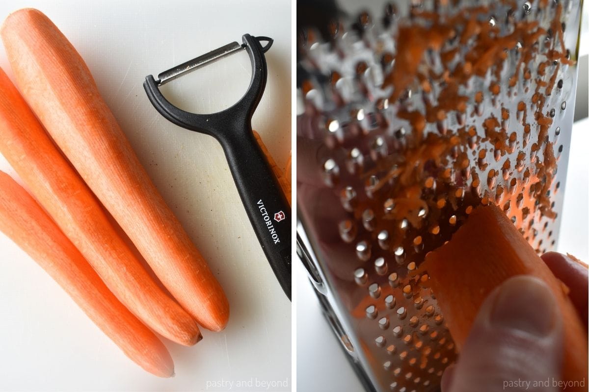 Collage that shows peeled carrots and while grating them.