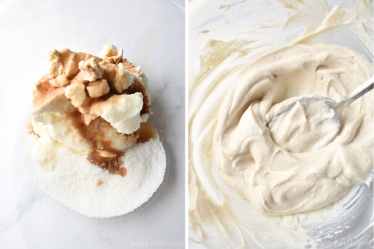 Collage that shows mixing cream cheese, sugar and vanilla extract.