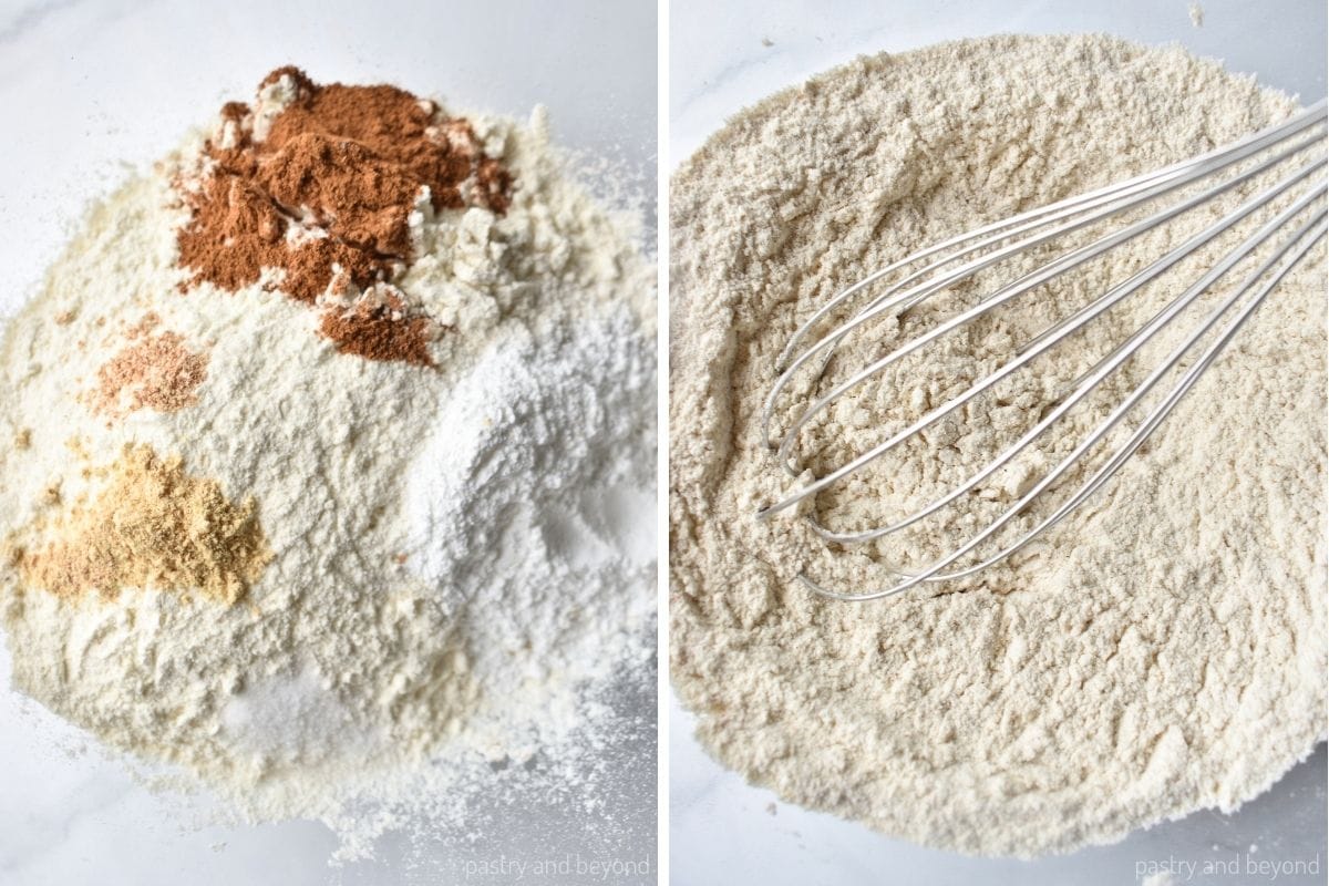Collage that shows combining flour, ginger, cinnamon, nutmeg, baking powder and salt with a whisk.